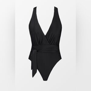 Cupshe Brianne Tie Front Plunging Black One Piece Swimsuit Medium NWT